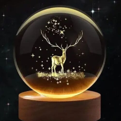 Crystal Ball LED Night Lamp with 3D Engraved Deer Design, Glowing on a Wooden Stand – Warm & Color-Changing Light for Home Décor and Nighttime Ambiance