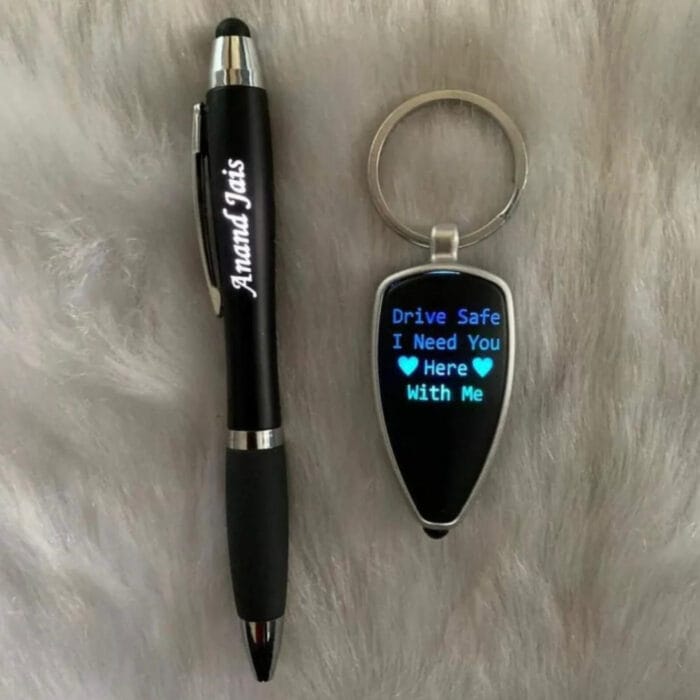 Personalized LED light keychain and pen combo with custom name engraving from GiftKadai.in