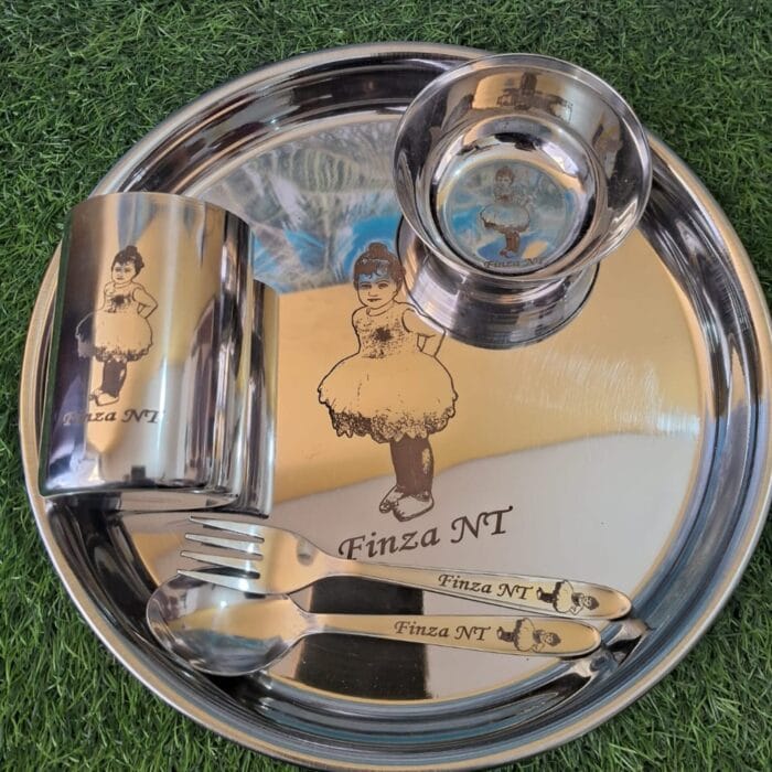 Personalized Kids Dish Set – 5-piece combo with bowl, glass, plate, fork, and spoon – custom printed with name and photo – safe for kids, BPA-free, and dishwasher safe