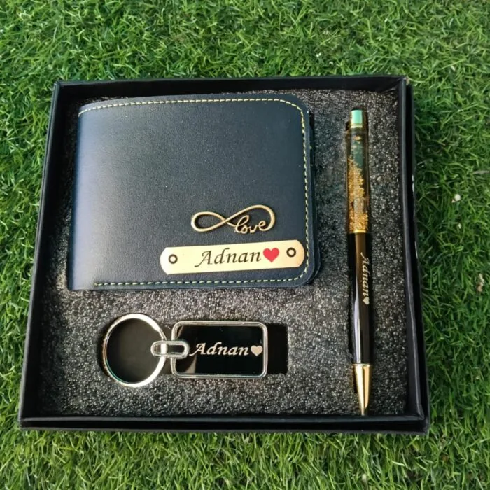 Men’s 3pcs Gift Combo – Personalized Wallet, Golden Flake Pen, and Metal Keychain – Gift Set for Men from giftkadai.in
