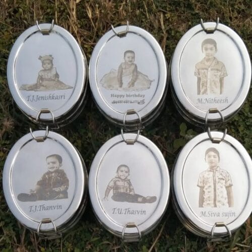 Stainless steel kids lunch box personalized with photo and text – round and oval 2-layer with clip lock