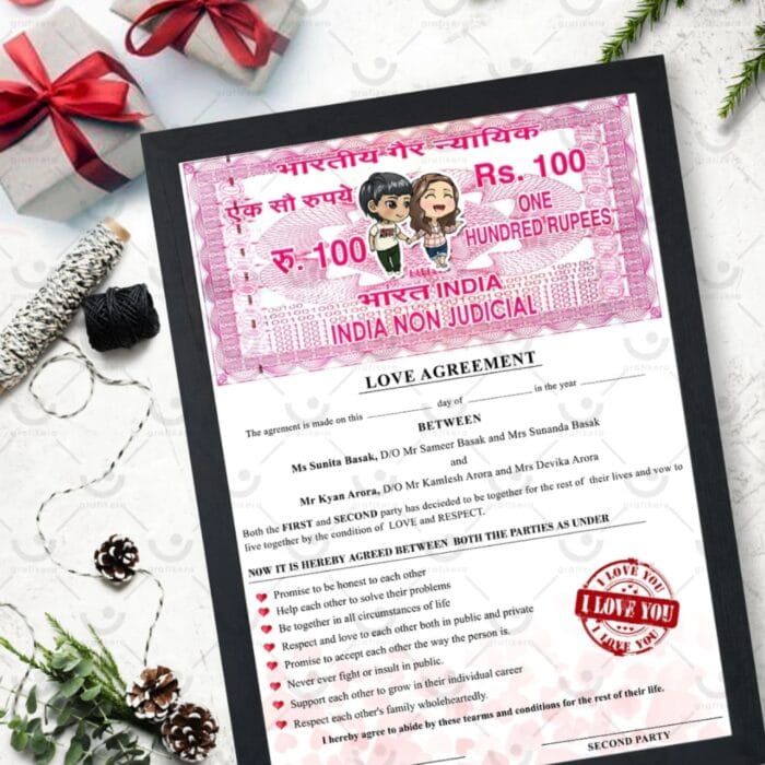 Personalized Love Agreement Gift from GiftKadai.in – Custom Romantic Contract for Couples