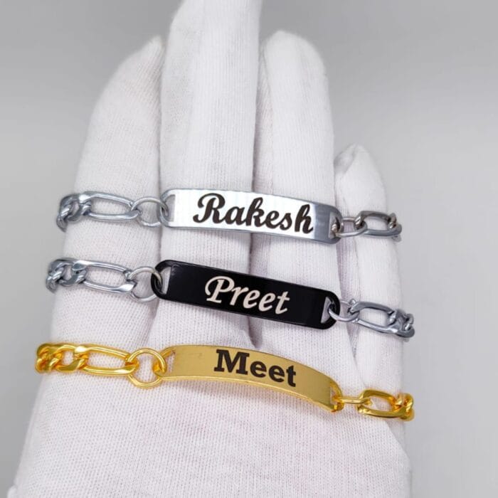 "Premium Name Bracelet in Gold, Silver, Black – Custom Engraved Jewelry by GiftKadai.in"