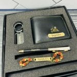 "Rakhi Combo Gift Set – Name Rakhi, Wallet, Metal Pen, and Keychain – GiftKadai.in"