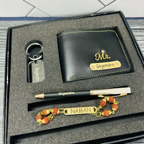 "Rakhi Combo Gift Set – Name Rakhi, Wallet, Metal Pen, and Keychain – GiftKadai.in"