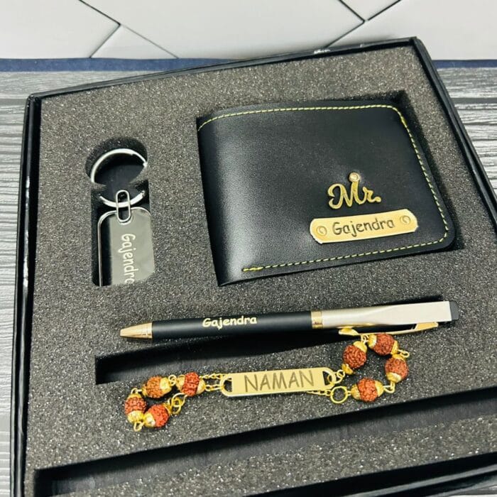 "Rakhi Combo Gift Set – Name Rakhi, Wallet, Metal Pen, and Keychain – GiftKadai.in"