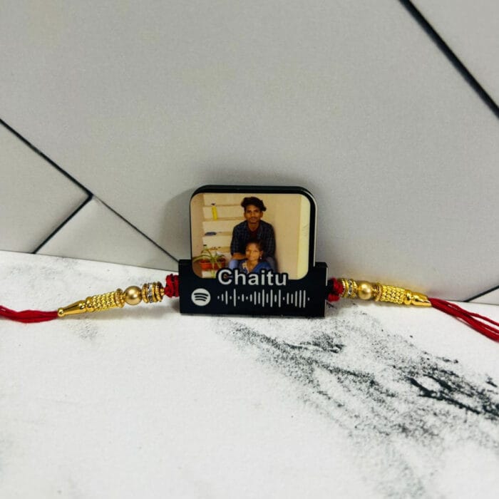"Custom Raksha Bandhan Rakhi with Photo, Name (2–6 Letters), and Spotify Song QR – GiftKadai.in"