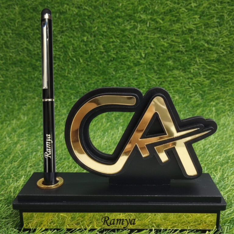 CA special pen stand with golden design and personalised name pen