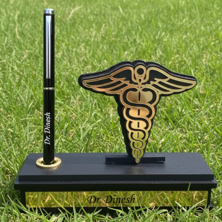Doctor premium gold pen stand with name engraving and medical symbol