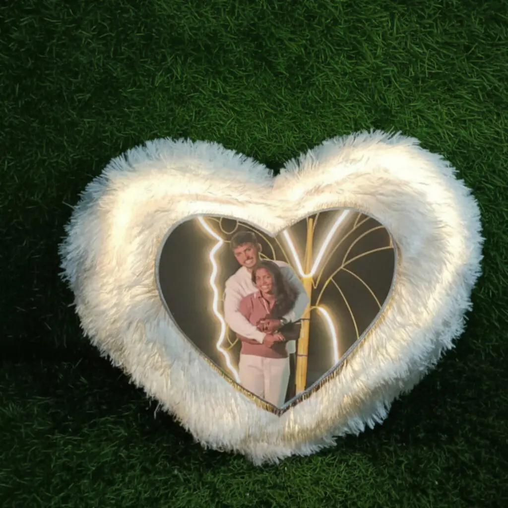 Personalised heart LED photo pillow with two photos and text