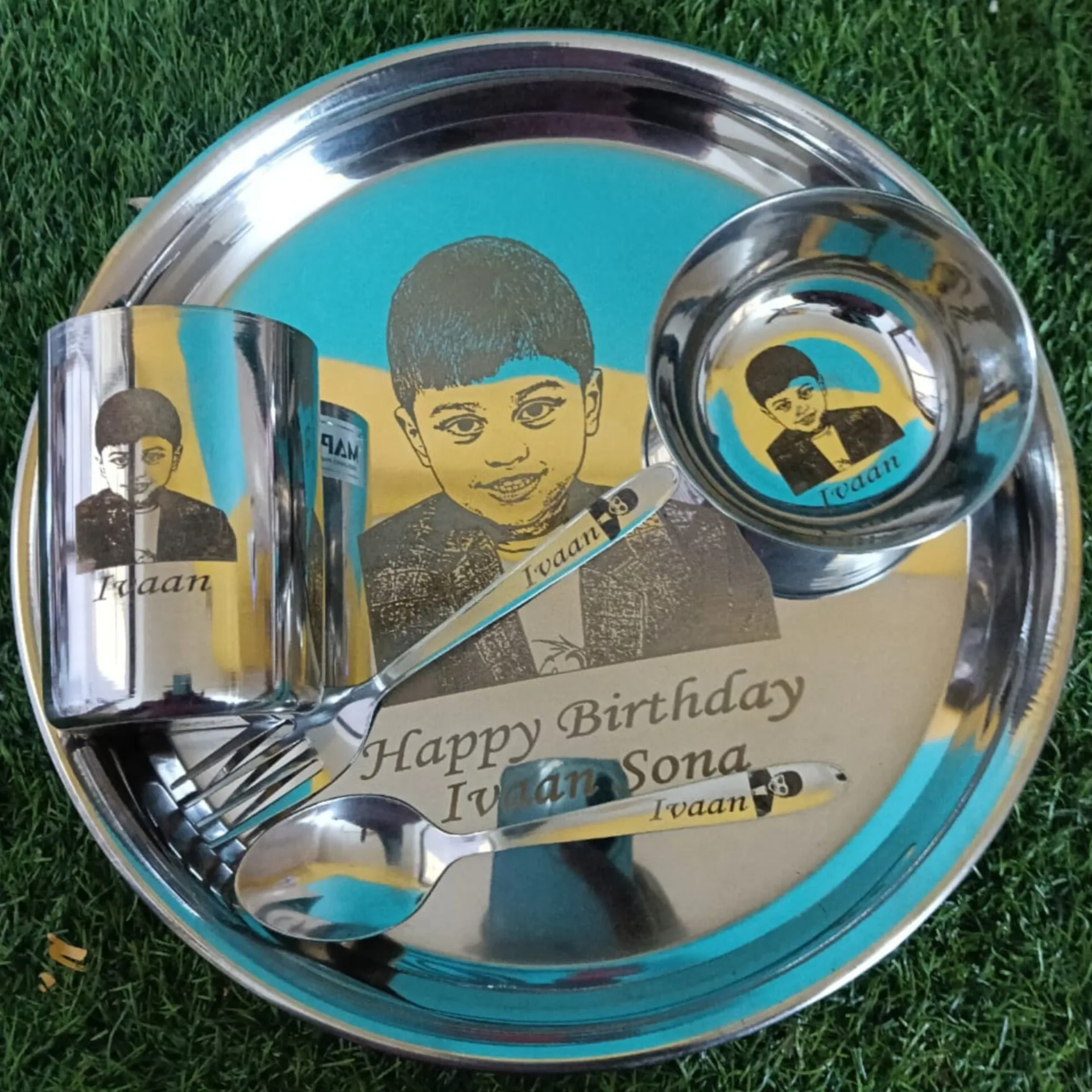 Personalised kids stainless steel food plate set with name and photo