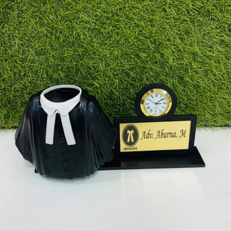 Personalised lawyer table top with name advocate desk accessory with clock