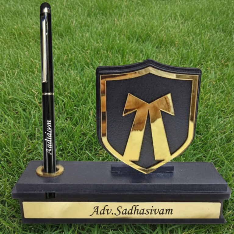 Personalised lawyer pen stand with name gold finish advocate desk accessory