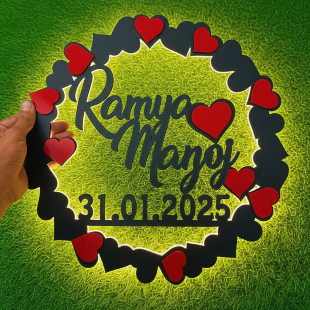 Personalised MDF couple name LED frame with heart design and date