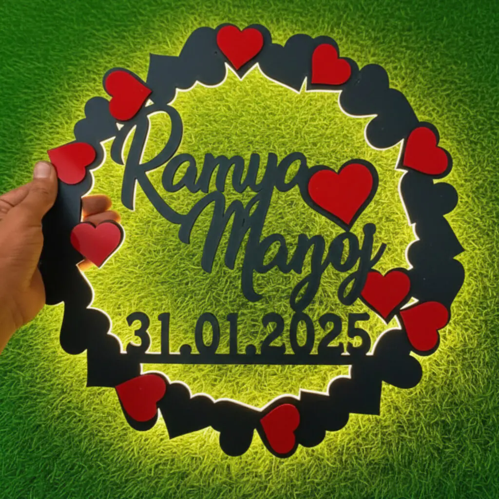 Personalised MDF couple name LED frame with heart design and date