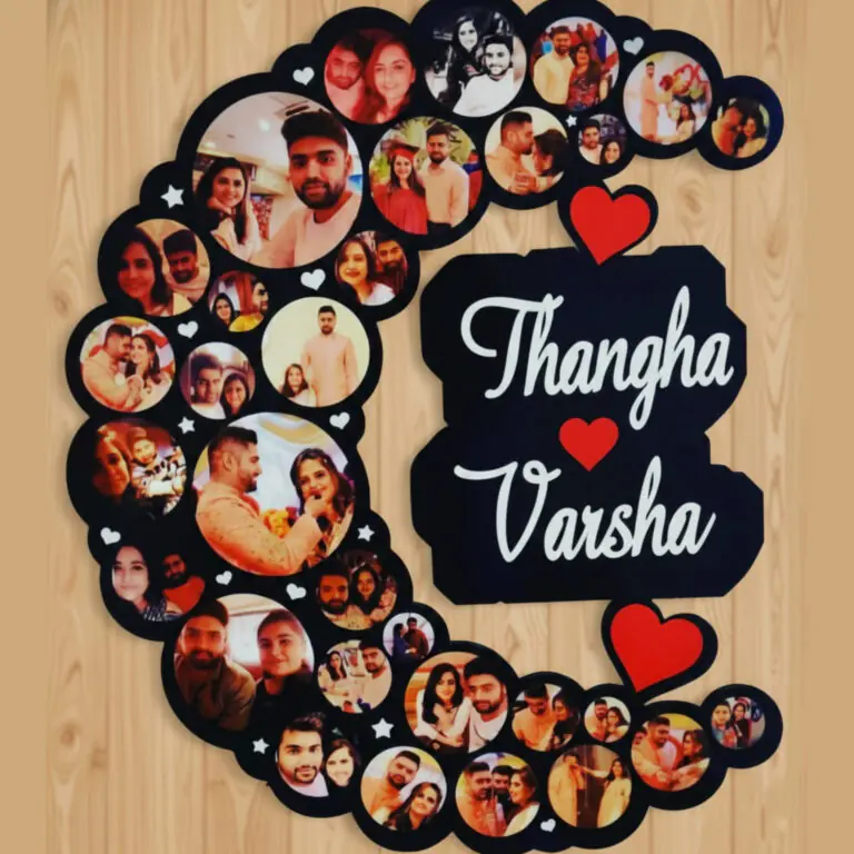 Personalised moon shape MDF photo collage frame with couple name and photos