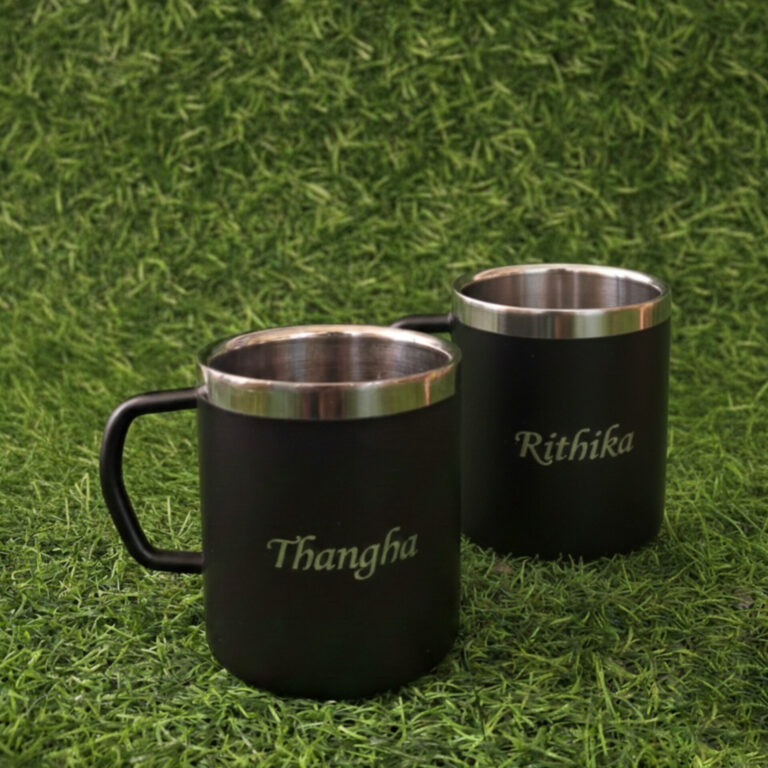 Personalised stainless steel mug with custom name engraving
