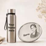 This premium Lunch Box + Water Bottle Combo is designed especially for students. The set includes a high-quality lunch box and a 1 Litre personalised water bottle featuring your chosen name and photo.