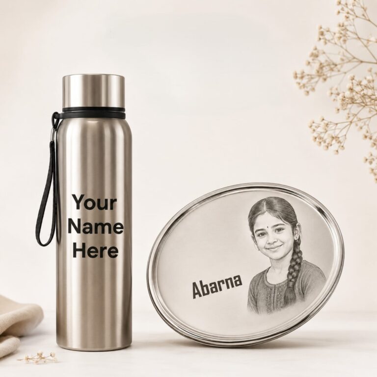 This premium Lunch Box + Water Bottle Combo is designed especially for students. The set includes a high-quality lunch box and a 1 Litre personalised water bottle featuring your chosen name and photo.