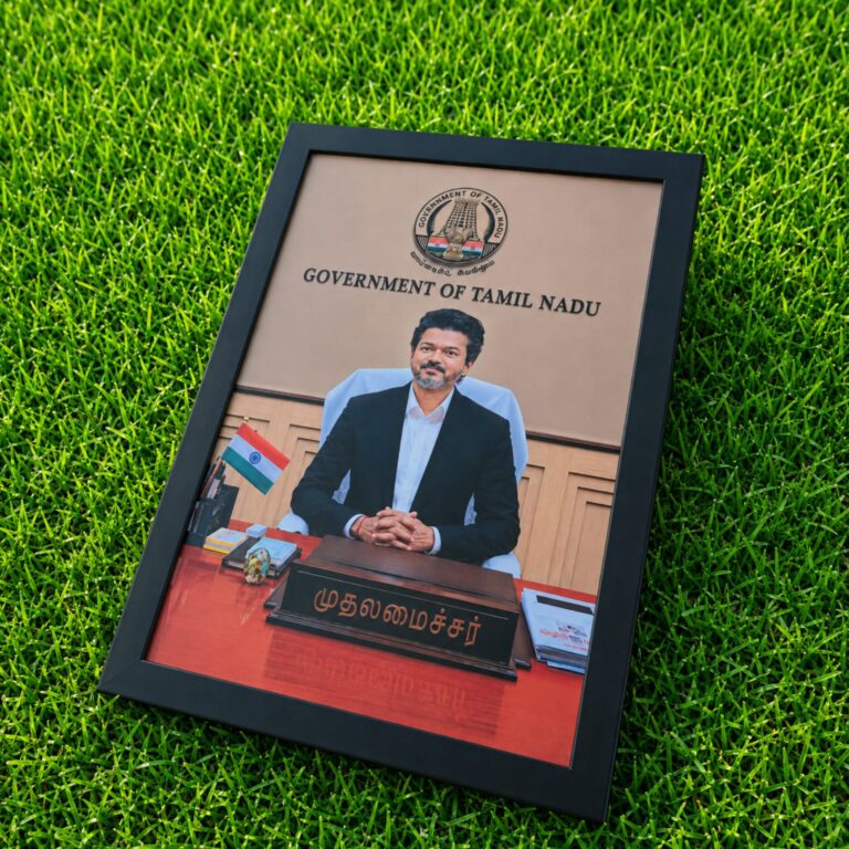 Show your admiration with our Tamilnadu CM Vijay Photo Frame — a stylish ready-made frame specially designed for passionate Vijay fans.