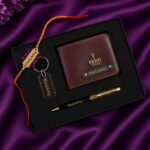 Raksha Bandhan custom gift combo wallet rakhi keychain pen with engraved name