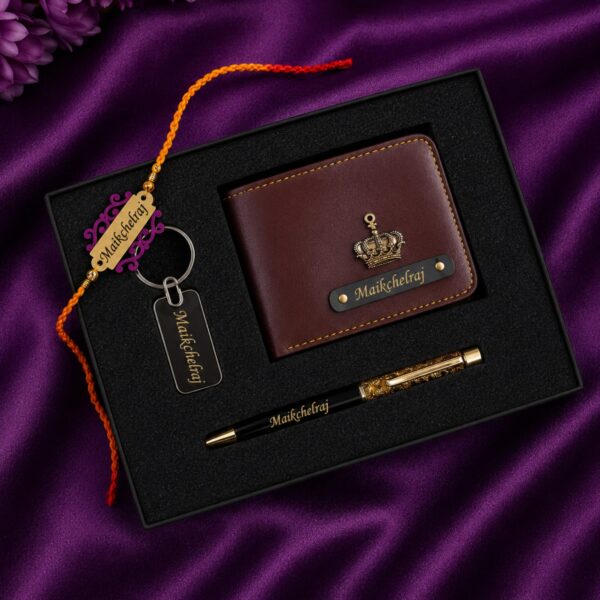 Raksha Bandhan custom gift combo wallet rakhi keychain pen with engraved name